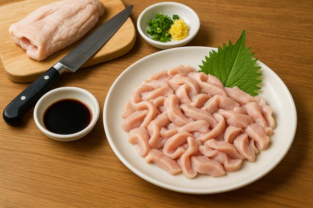 Sliced pork stomach sashimi with condiments and knife on wooden table