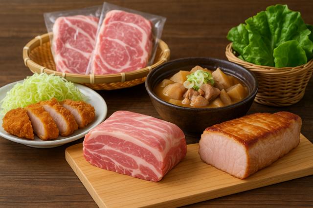 Assorted premium pork dishes from Saitama, including kuro buta and golden pork, beautifully arranged on a wooden table