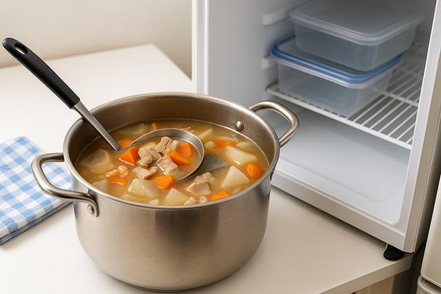 A stainless steel pot of Tonjiru beside an open fridge, showing ingredients and storage containers
