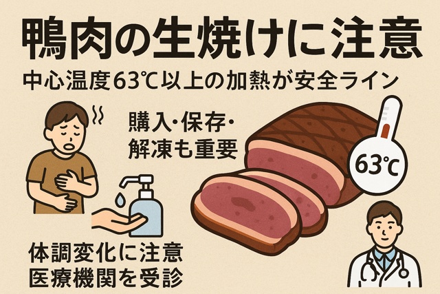 Japanese warning graphic about undercooked duck meat, safe cooking temperature, and hygiene tips